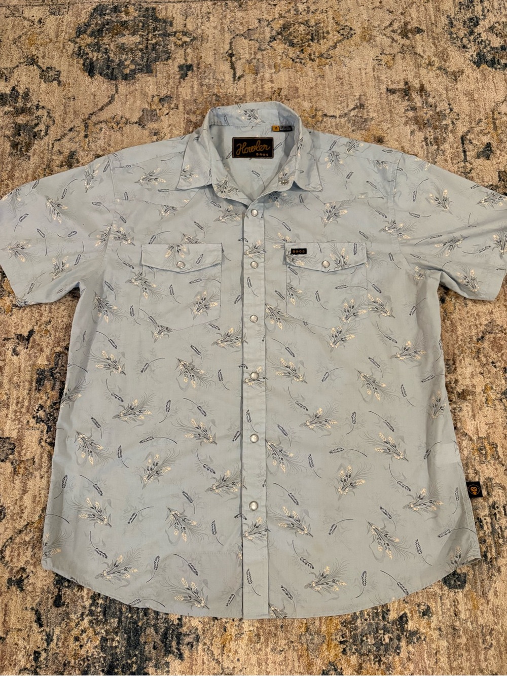 Howler Brothers Blue Pearl Snap Short Sleeve Shirt western Wheat Print Medium
